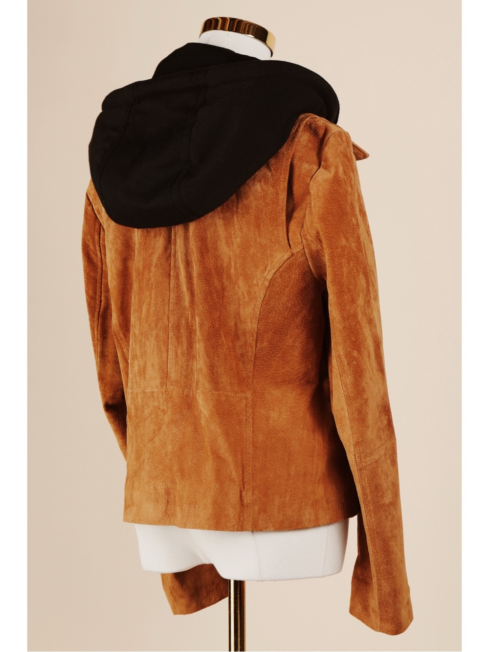 Sz L Bagatelle Collection Genuine Leather Tan Suede Hooded Moto Jacket EUC - Picture 4 of 6